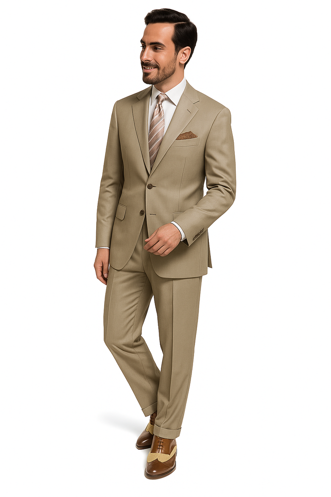 Slim Fitted Brand Tan 2 Button Super 110's Sharkskin Wool Suit