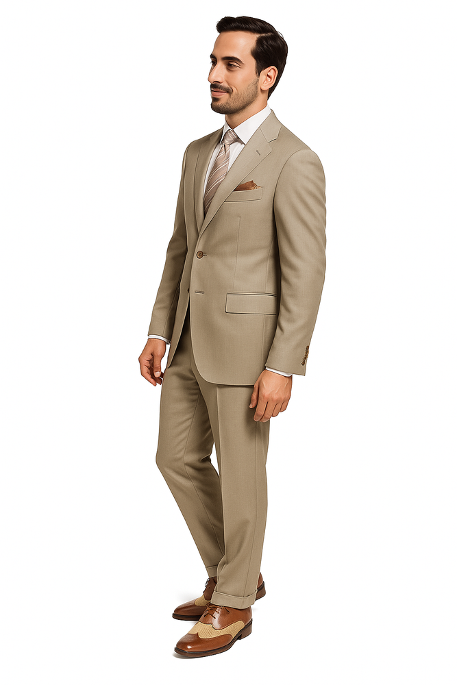 Slim Fitted Brand Tan 2 Button Super 110's Sharkskin Wool Suit