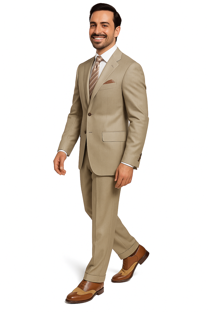Slim Fitted Brand Tan 2 Button Super 110's Sharkskin Wool Suit