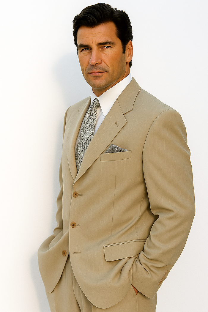 Tan ~ Beige Side Vented 3 buttons 100% Wool Solid Suit