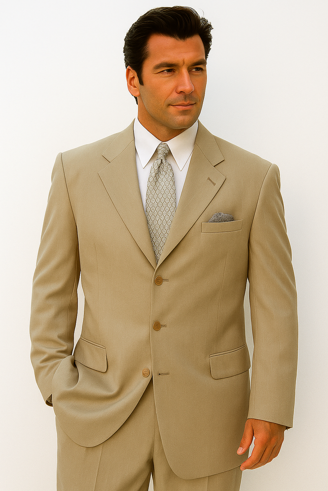 Tan ~ Beige Side Vented 3 buttons 100% Wool Solid Suit
