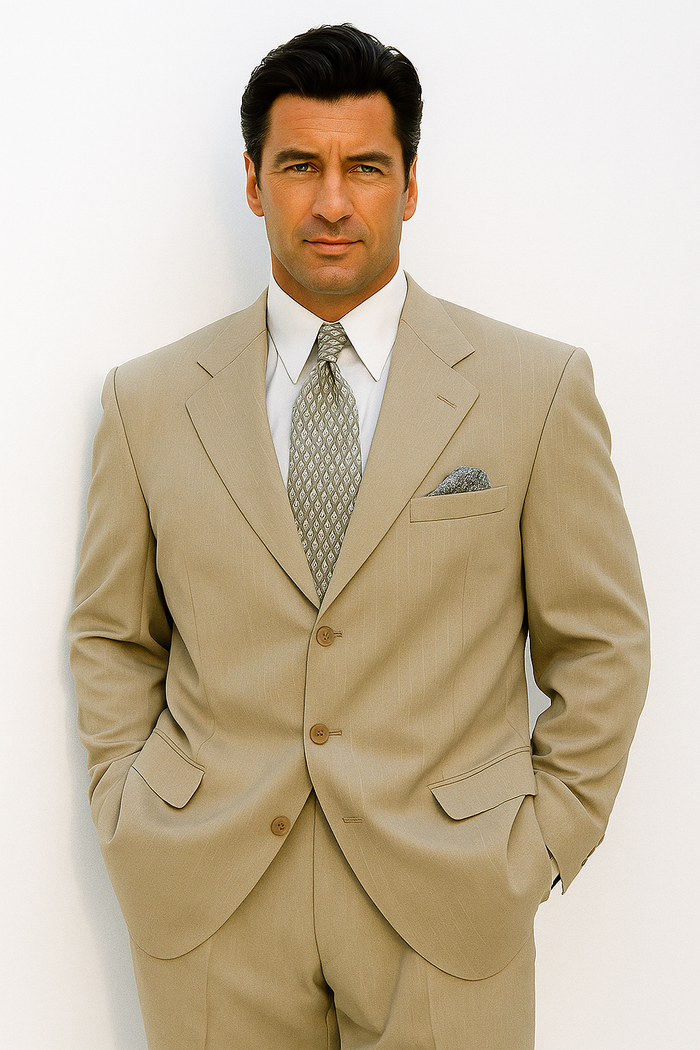 Tan ~ Beige Side Vented 3 buttons 100% Wool Solid Suit