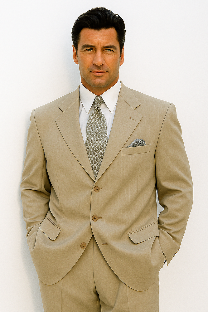 Tan ~ Beige Side Vented 3 buttons 100% Wool Solid Suit