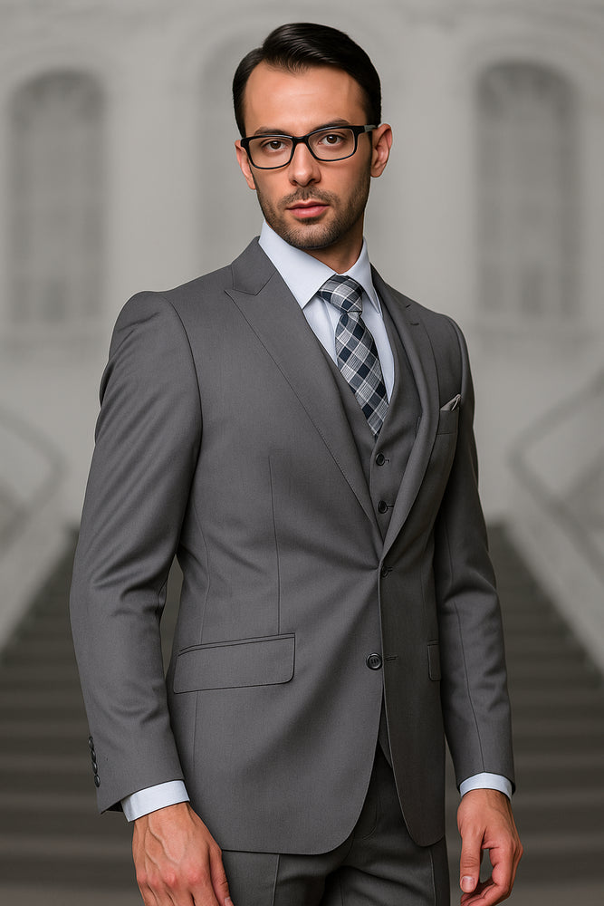 Mens Suits Regular Fit - Wool Suit - Pleated Pants - Charcoal Suit
