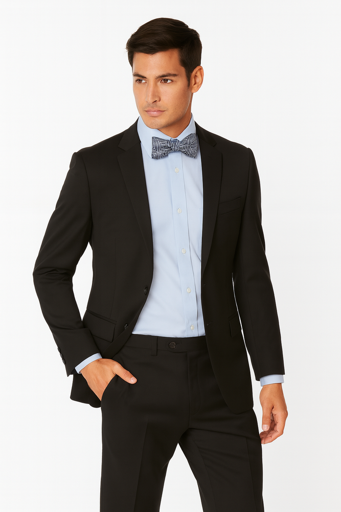 Men's Black High Fashion 100% Wool Extra Long Suits Flat Front Pants