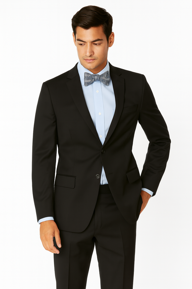 Men's Black High Fashion 100% Wool Extra Long Suits Flat Front Pants