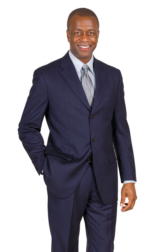"Navy Blue Men's Classic Wool Pinstripe Suit - 3 Button Design"