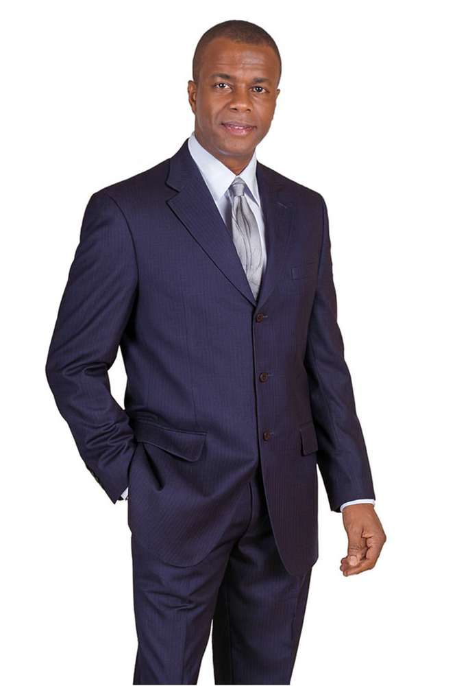 "Navy Blue Men's Classic Wool Pinstripe Suit - 3 Button Design"