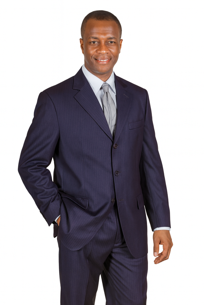"Navy Blue Men's Classic Wool Pinstripe Suit - 3 Button Design"