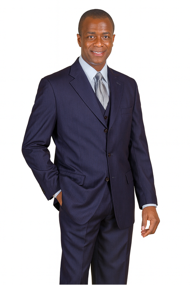 "Navy Blue Men's Classic Wool Pinstripe Suit - 3 Button Design"
