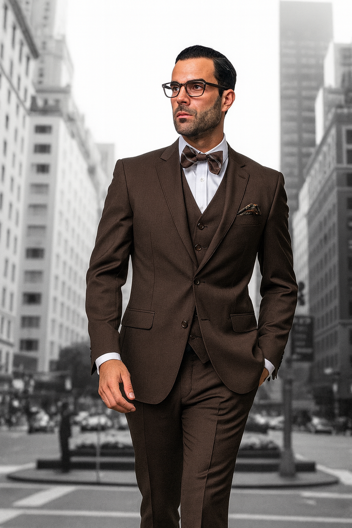 Statement Confidence Men's Brown 2 Button Modern Fit Suits Wool Fine Brands Best Italian Style Cut Suits