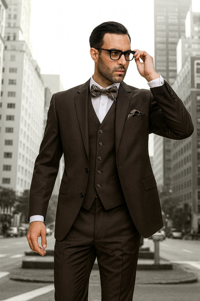 Statement Confidence Men's Brown 2 Button Modern Fit Suits Wool Fine Brands Best Italian Style Cut Suits