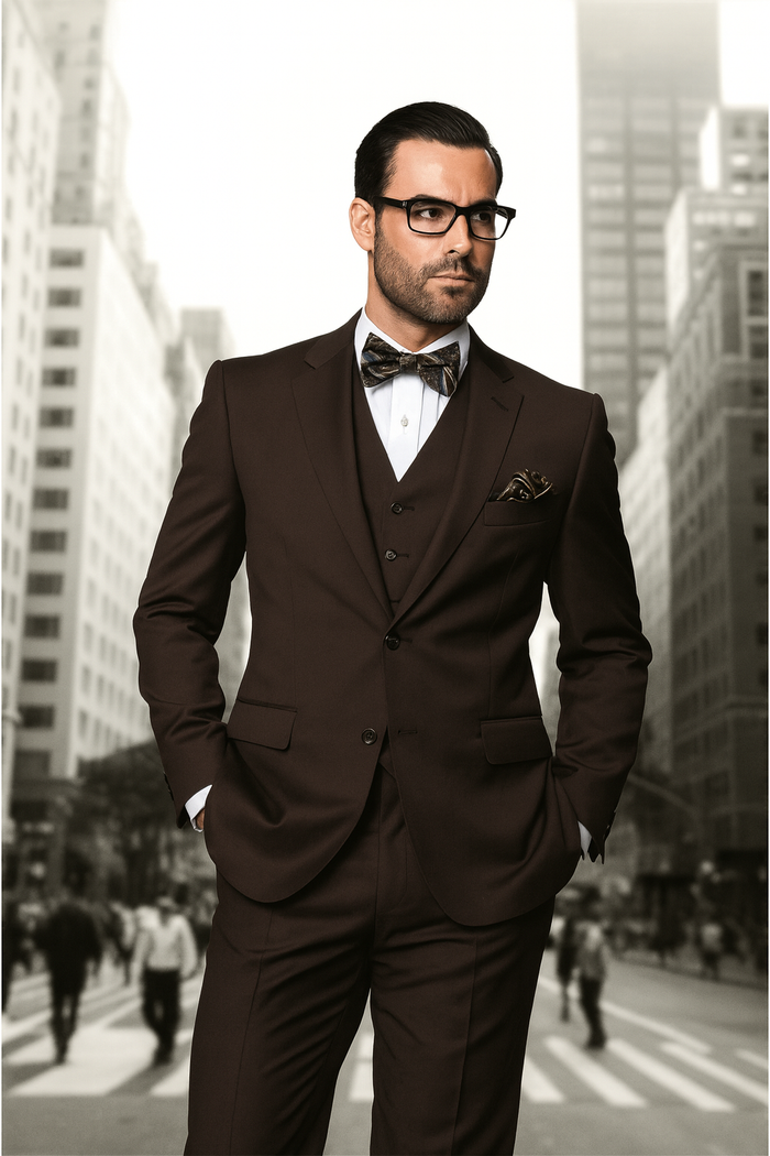 Statement Confidence Men's Brown 2 Button Modern Fit Suits Wool Fine Brands Best Italian Style Cut Suits