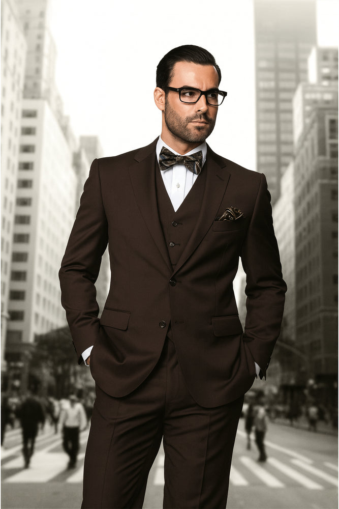 Statement Confidence Men's Brown 2 Button Modern Fit Suits Wool Fine Brands Best Italian Style Cut Suits