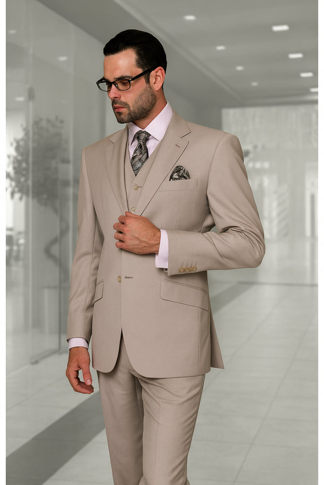 Statement Confidence Men's Sand 2 Button Modern Fit Suits Wool Fine Brands Best Italian Style Cut Suits