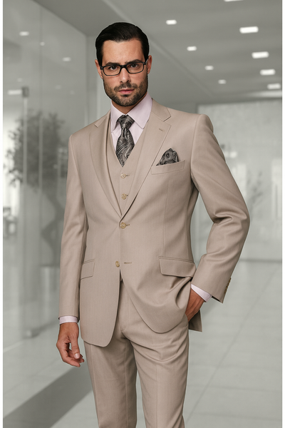 Statement Confidence Men's Sand 2 Button Modern Fit Suits Wool Fine Brands Best Italian Style Cut Suits