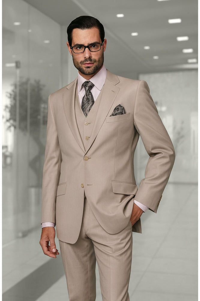 Statement Confidence Men's Sand 2 Button Modern Fit Suits Wool Fine Brands Best Italian Style Cut Suits