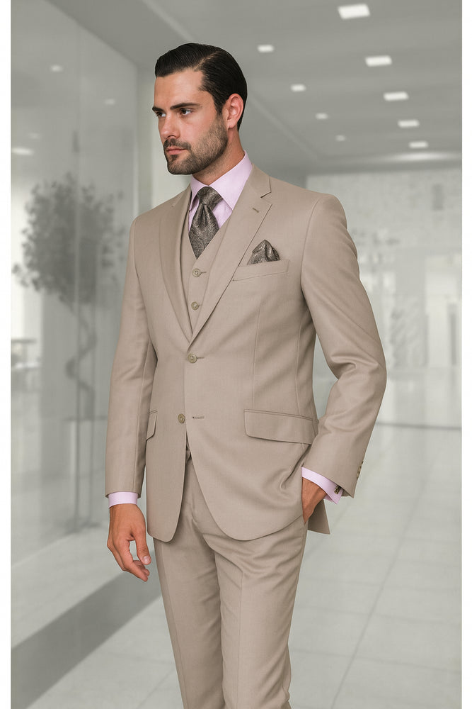 Statement Confidence Men's Sand 2 Button Modern Fit Suits Wool Fine Brands Best Italian Style Cut Suits