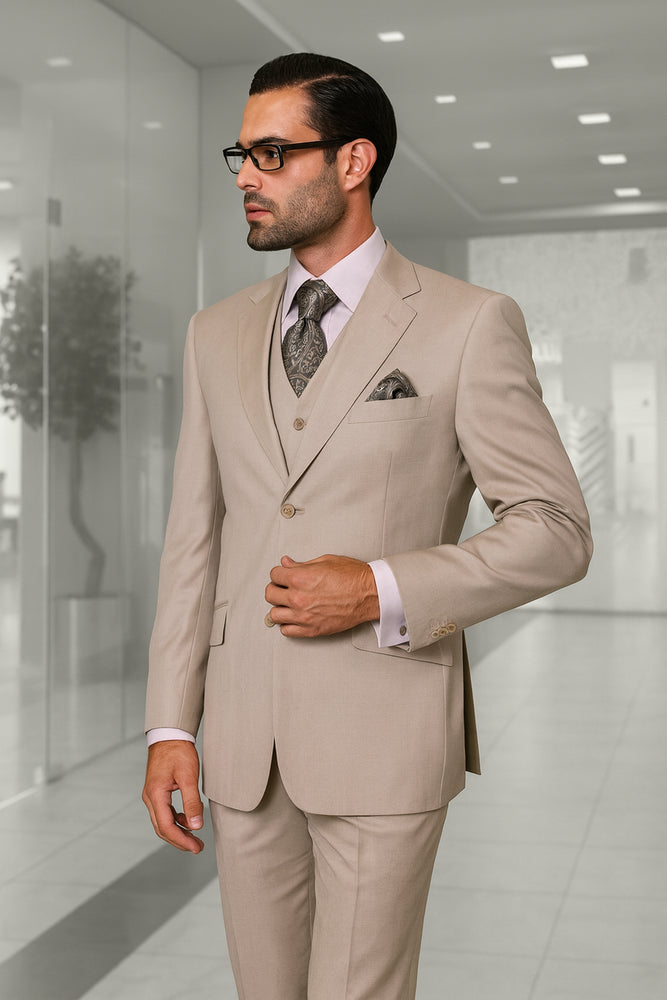 Statement Confidence Men's Sand 2 Button Modern Fit Suits Wool Fine Brands Best Italian Style Cut Suits
