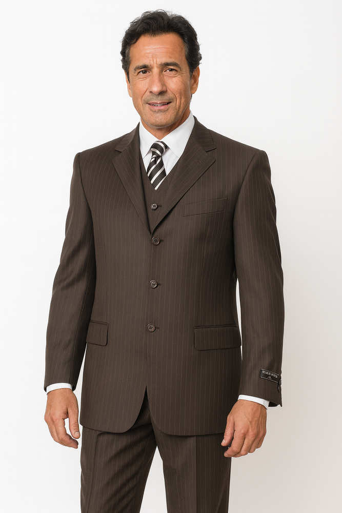 Very Dark Brown ~ Almost Charcoal Black With Pinstripe ~ Stripe 100% Wool Pleated Pants Three / 3 Buttons Vested Cheap Priced Business Suits Clearance Sale
