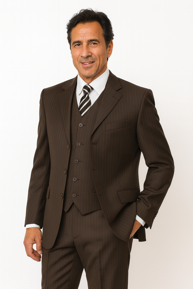 Very Dark Brown ~ Almost Charcoal Black With Pinstripe ~ Stripe 100% Wool Pleated Pants Three / 3 Buttons Vested Cheap Priced Business Suits Clearance Sale