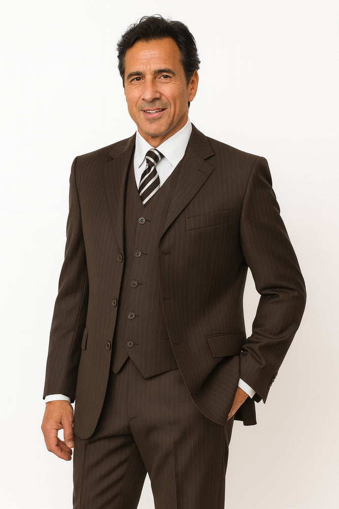 Very Dark Brown ~ Almost Charcoal Black With Pinstripe ~ Stripe 100% Wool Pleated Pants Three / 3 Buttons Vested Cheap Priced Business Suits Clearance Sale