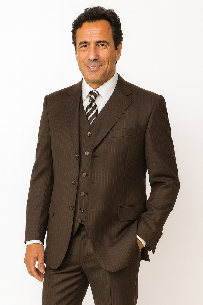 Very Dark Brown ~ Almost Charcoal Black With Pinstripe ~ Stripe 100% Wool Pleated Pants Three / 3 Buttons Vested Cheap Priced Business Suits Clearance Sale