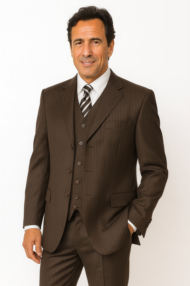 Very Dark Brown ~ Almost Charcoal Black With Pinstripe ~ Stripe 100% Wool Pleated Pants Three / 3 Buttons Vested Cheap Priced Business Suits Clearance Sale