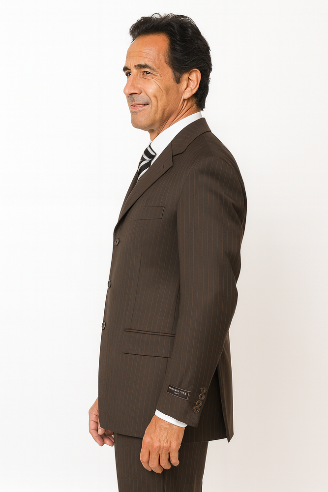 Very Dark Brown ~ Almost Charcoal Black With Pinstripe ~ Stripe 100% Wool Pleated Pants Three / 3 Buttons Vested Cheap Priced Business Suits Clearance Sale