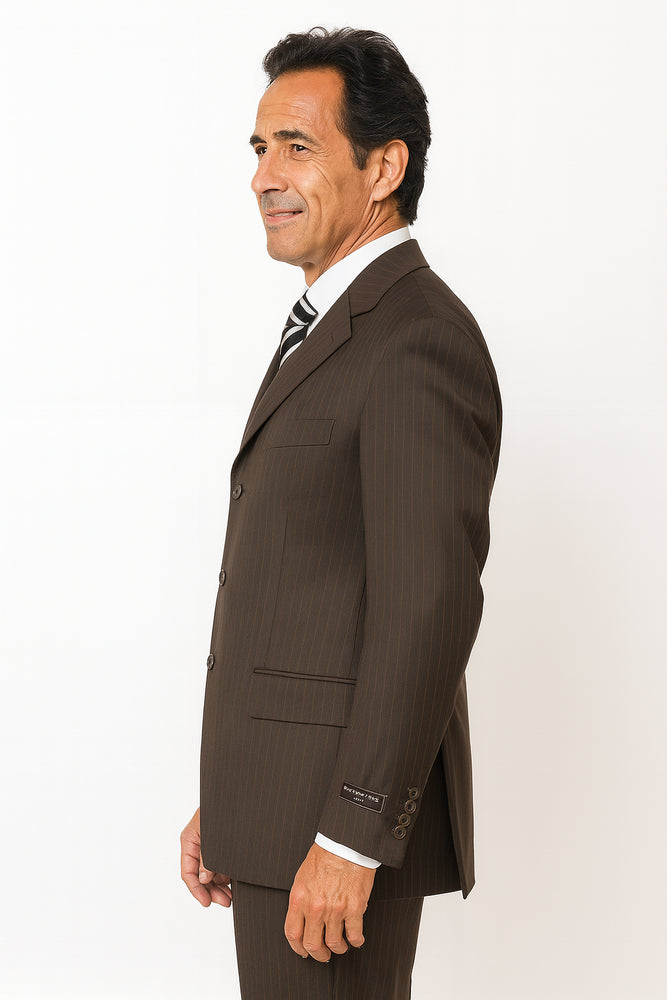 Very Dark Brown ~ Almost Charcoal Black With Pinstripe ~ Stripe 100% Wool Pleated Pants Three / 3 Buttons Vested Cheap Priced Business Suits Clearance Sale