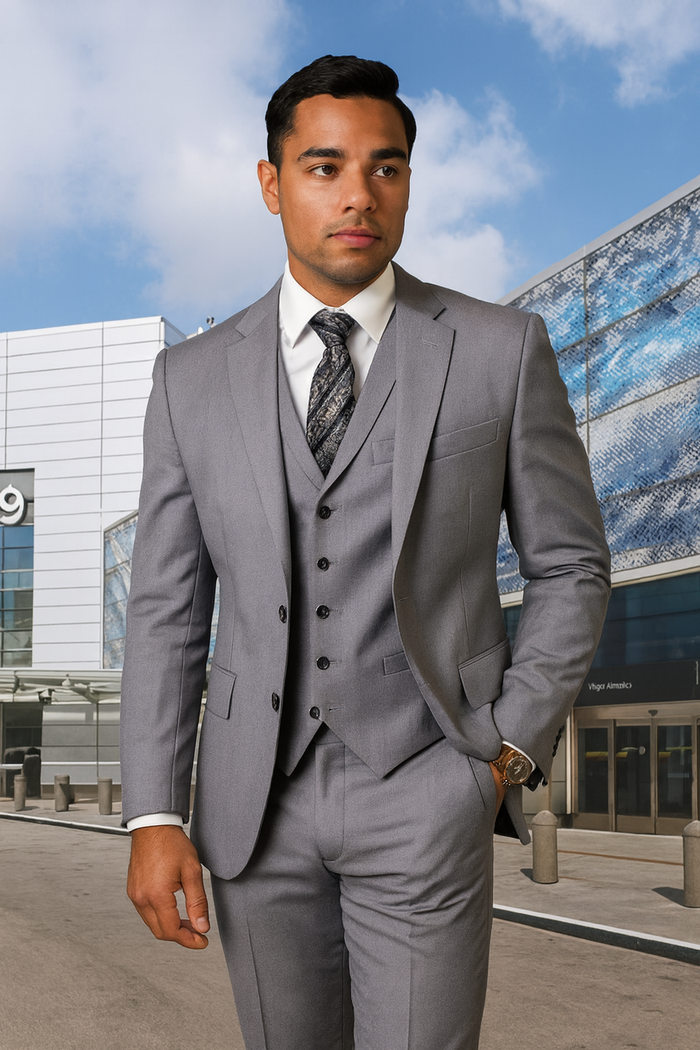 Grey Wool Fabric Vested Suit