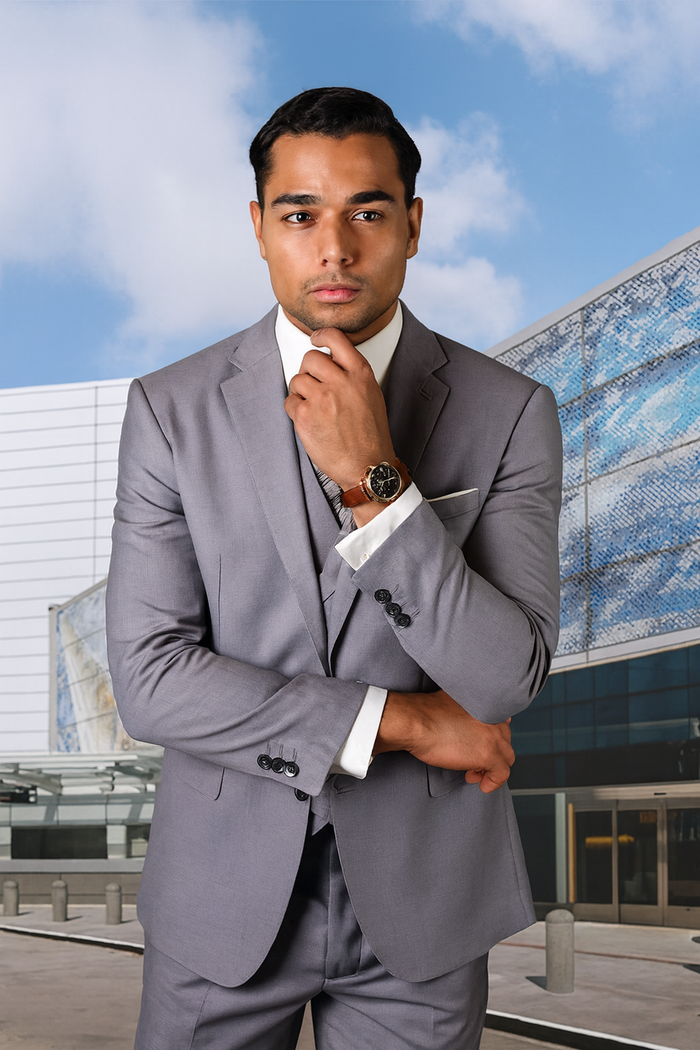 Grey Wool Fabric Vested Suit