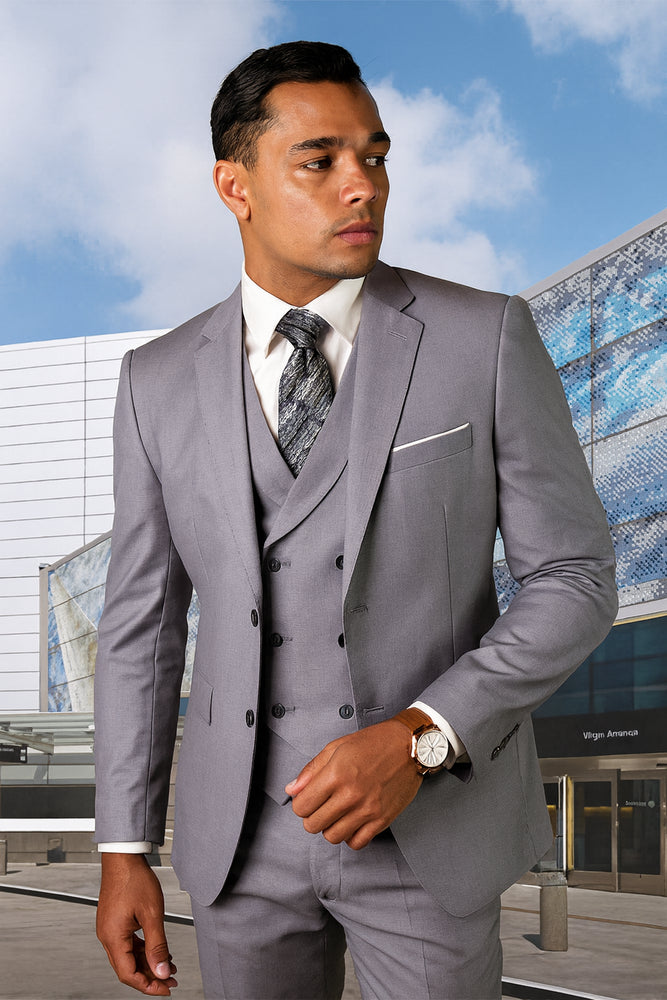 Grey Wool Fabric Vested Suit