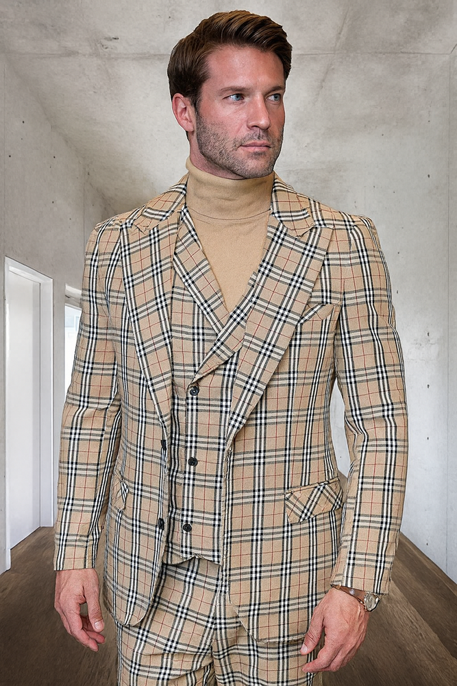 Mens Designer 1 Button Vested Wool Suit in Tan Windowpane Plaid Suit