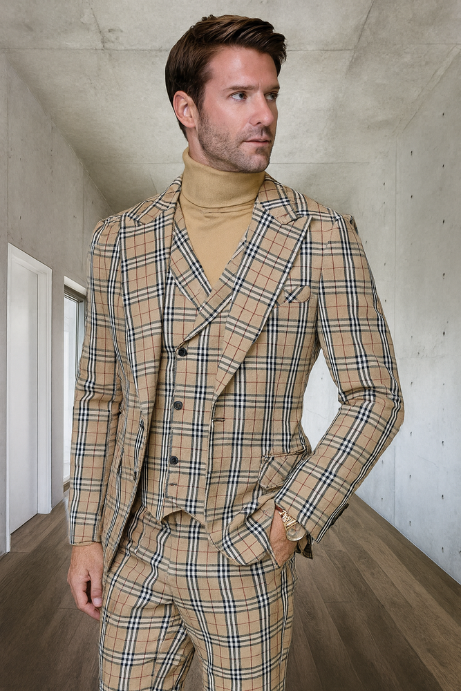 Mens Designer 1 Button Vested Wool Suit in Tan Windowpane Plaid Suit