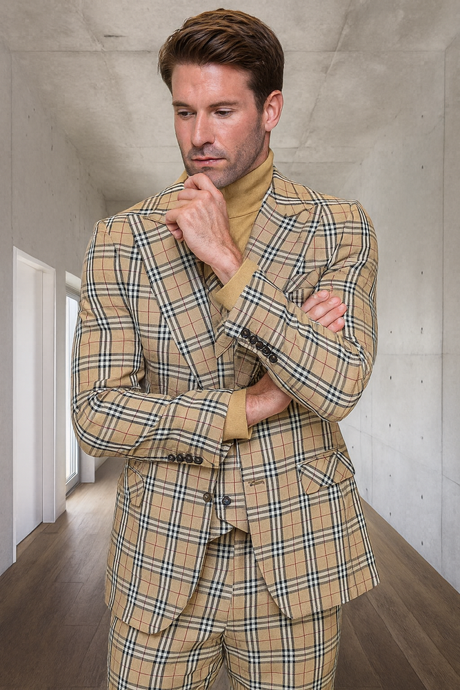 Mens Designer 1 Button Vested Wool Suit in Tan Windowpane Plaid Suit