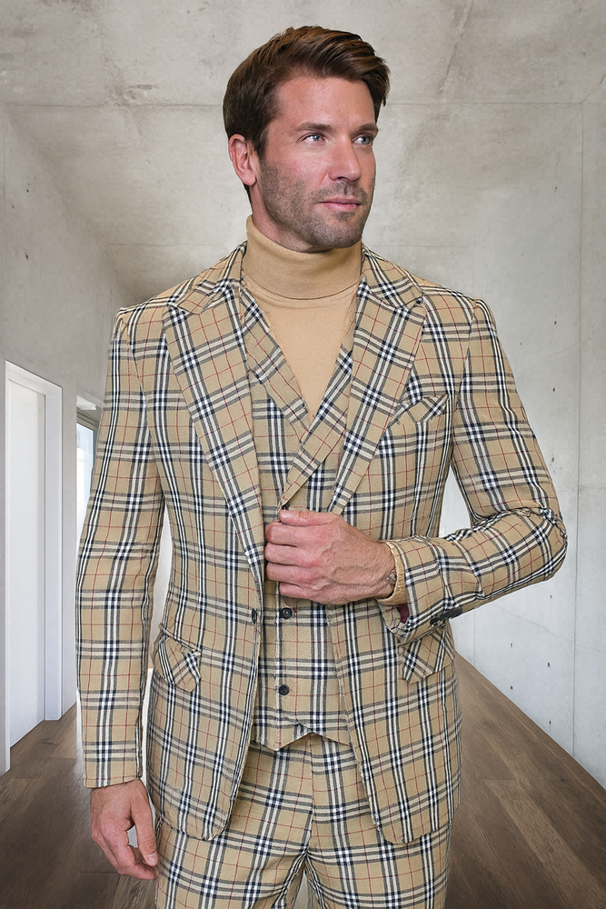 Mens Designer 1 Button Vested Wool Suit in Tan Windowpane Plaid Suit