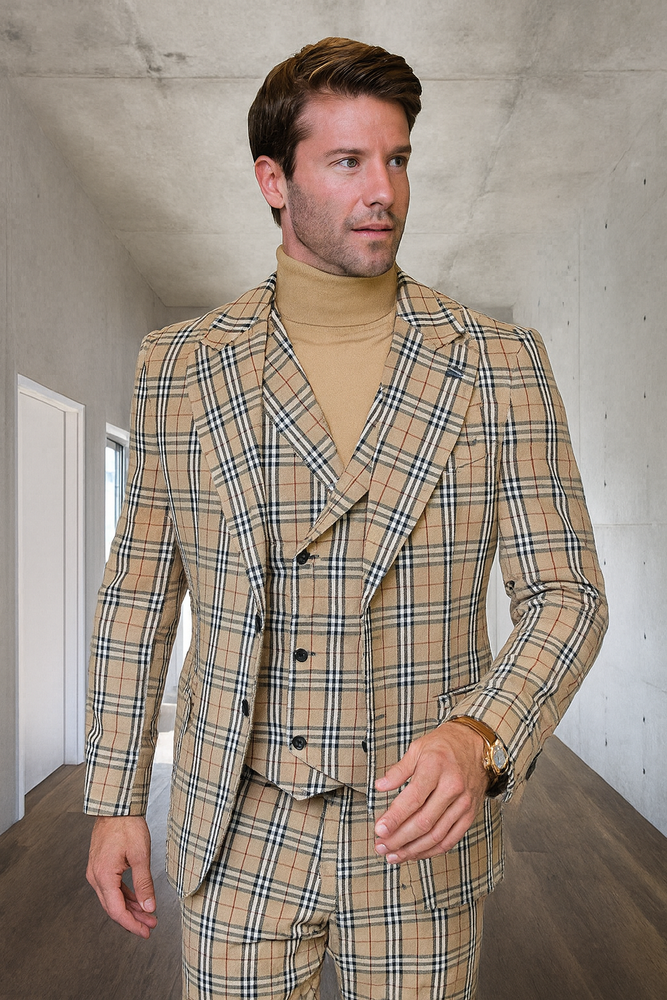 Mens Designer 1 Button Vested Wool Suit in Tan Windowpane Plaid Suit