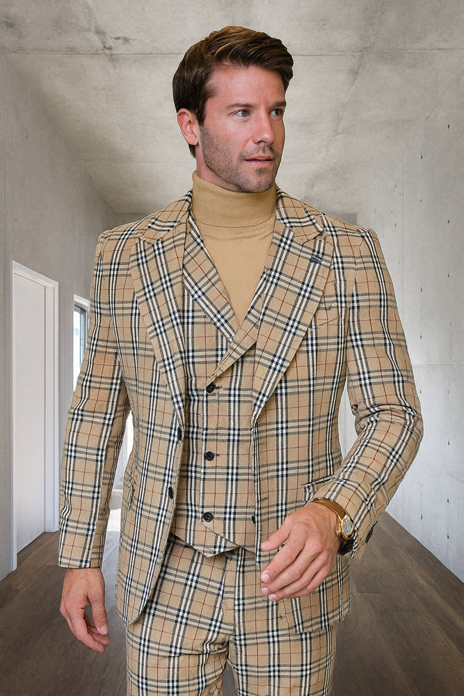 Mens Designer 1 Button Vested Wool Suit in Tan Windowpane Plaid Suit