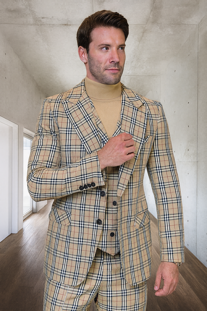 Mens Designer 1 Button Vested Wool Suit in Tan Windowpane Plaid Suit