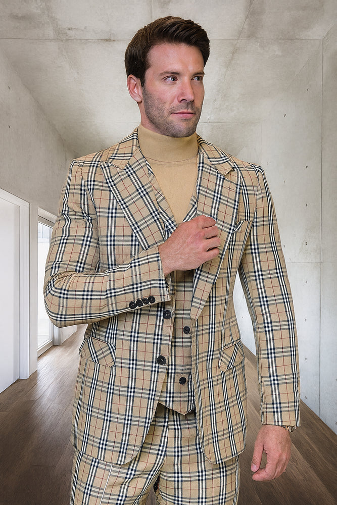 Mens Designer 1 Button Vested Wool Suit in Tan Windowpane Plaid Suit
