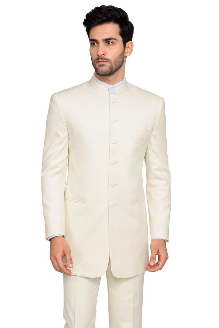 Men's 6 Button Two Piece Mandarin Banded Collar Cream Long Jacket - Men's Preaching Jacket