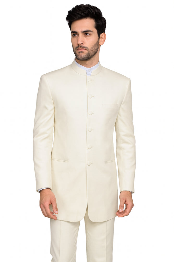 Men's 6 Button Two Piece Mandarin Banded Collar Cream Long Jacket - Men's Preaching Jacket