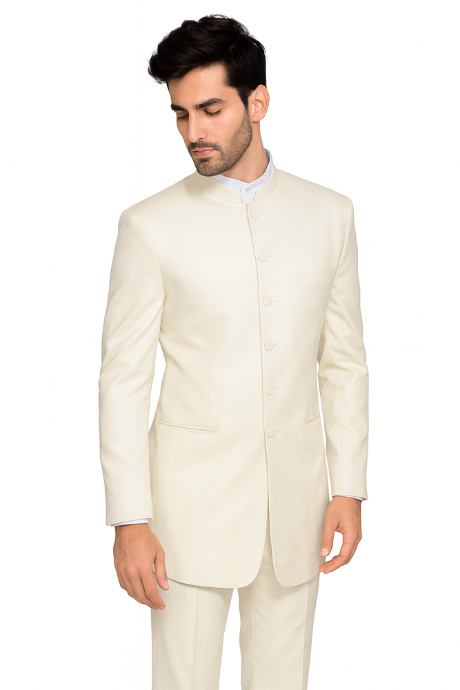Mandarin Collar Tuxedo - Mandarin Tuxedo - No Collar Suit - Cream Suit