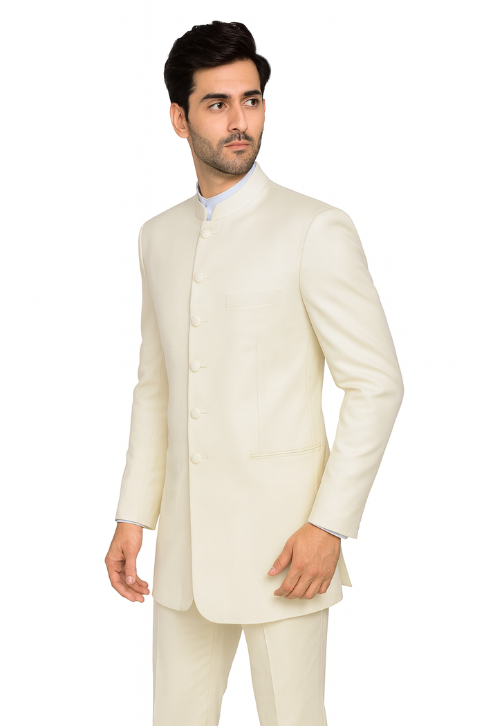 Men's 6 Button Two Piece Mandarin Banded Collar Cream Long Jacket - Men's Preaching Jacket