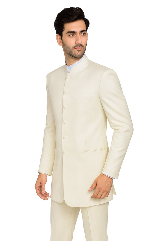 Men's 6 Button Two Piece Mandarin Banded Collar Cream Long Jacket - Men's Preaching Jacket