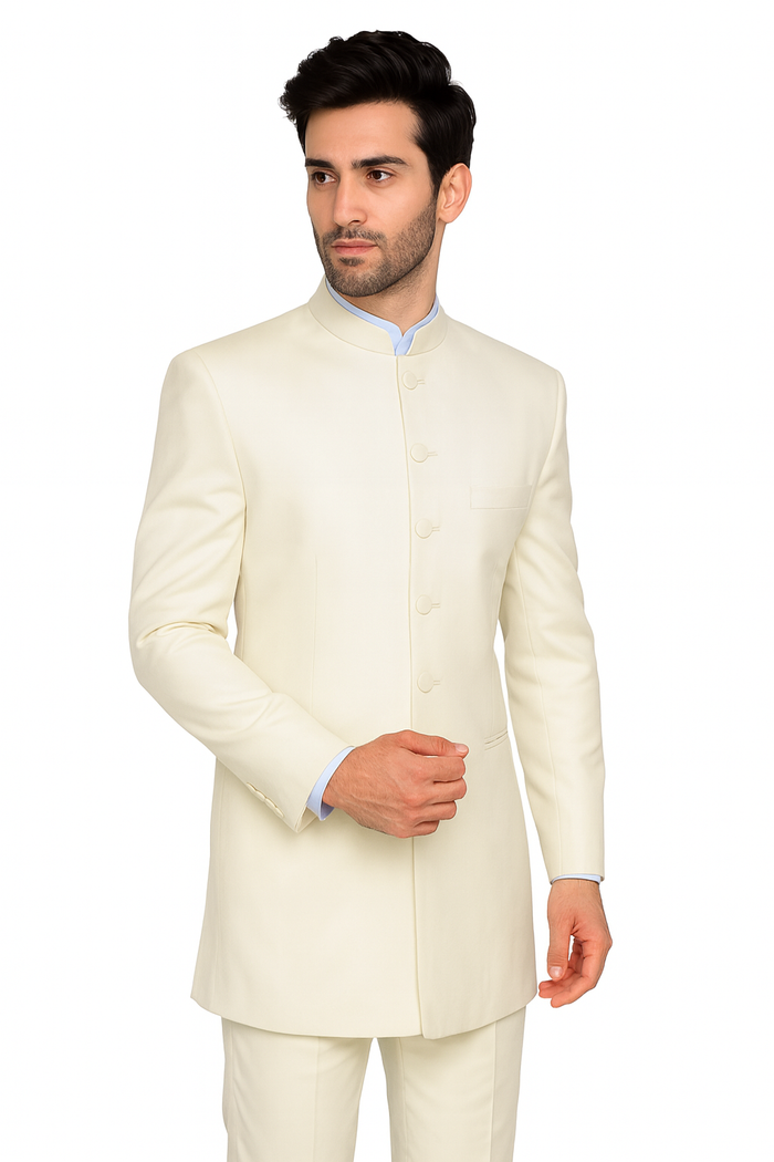 Men's 6 Button Two Piece Mandarin Banded Collar Cream Long Jacket - Men's Preaching Jacket