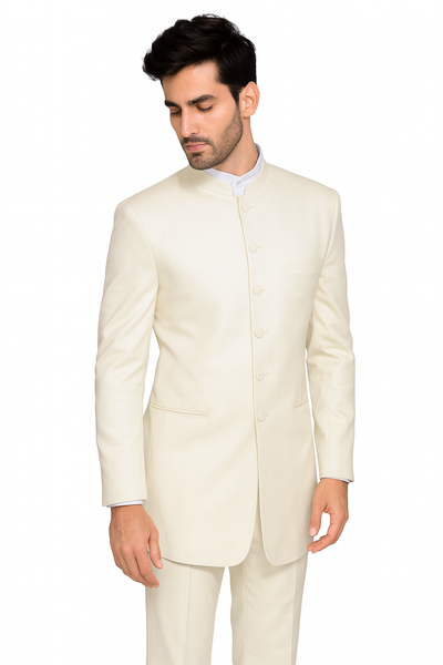 Men's 6 Button Two Piece Mandarin Banded Collar Cream Long Jacket - Men's Preaching Jacket