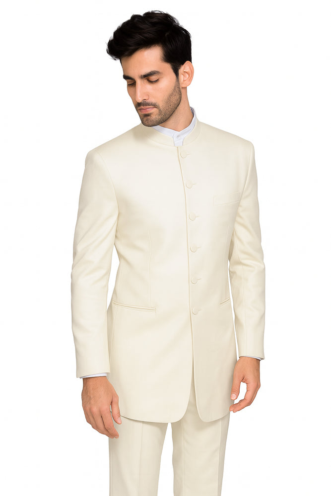 Men's 6 Button Two Piece Mandarin Banded Collar Cream Long Jacket - Men's Preaching Jacket