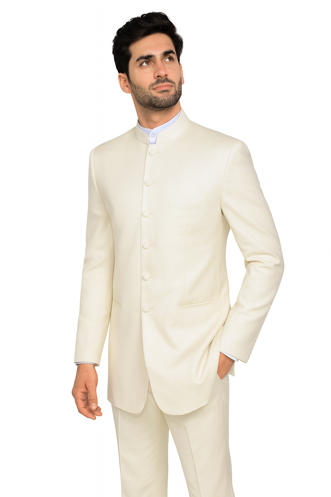 Mandarin Collar Tuxedo - Mandarin Tuxedo - No Collar Suit - Cream Suit